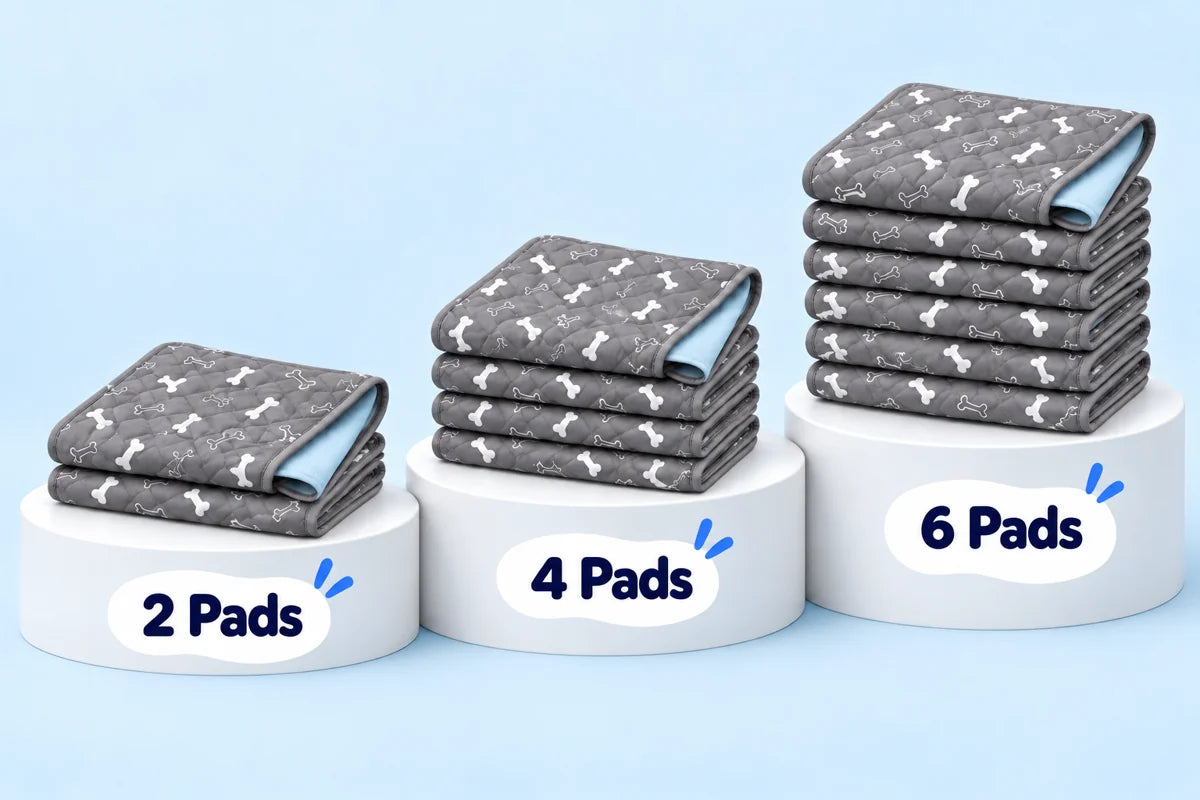 Qwink OffDuty grey reusable dog pad bundles with 2, 4 or 6 pads.