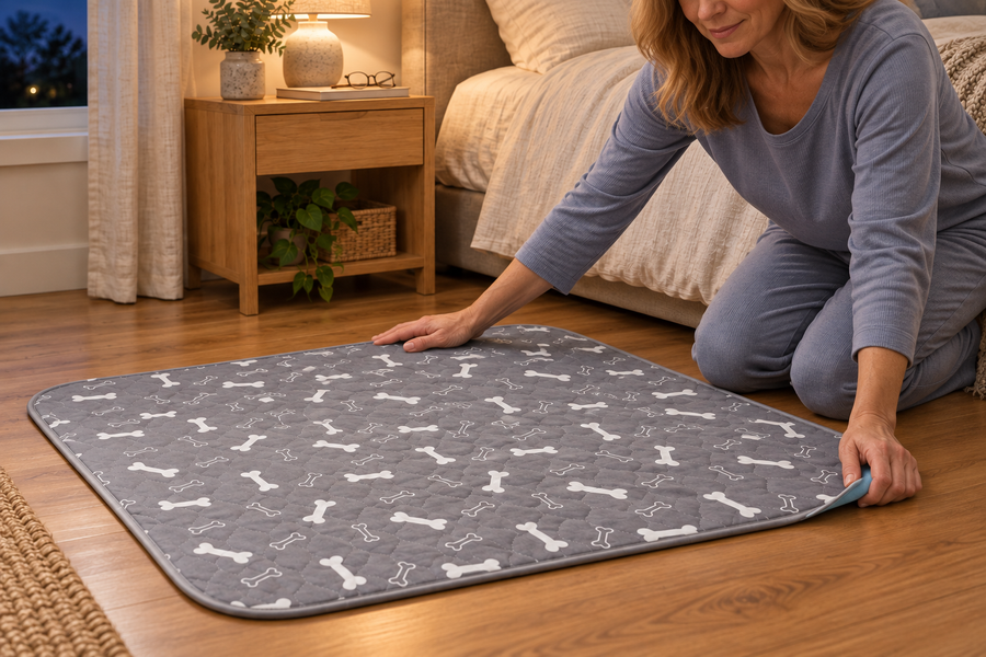 Placing the grey reusable dog pad flat beside the bed.
