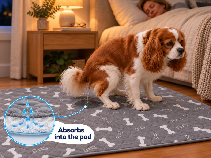 Dog using the OffDuty pad beside the bed, with a close-up graphic showing absorption into the pad.