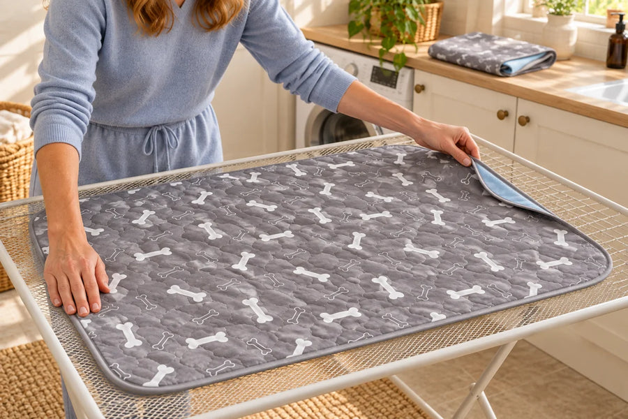 Hands laying the washed OffDuty pad flat on a drying rack, with a clean spare nearby.